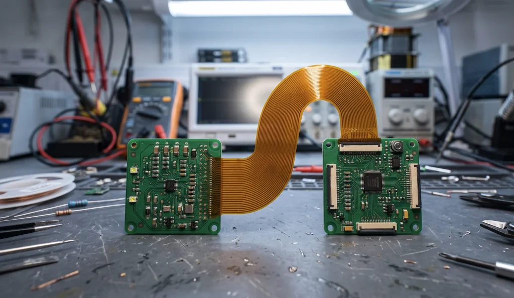 Dos placas de circuito impreso rígidas de color verde con componentes SMD unidas por una lámina flexible de poliimida ámbar doblada en S, sobre una mesa de laboratorio electrónico