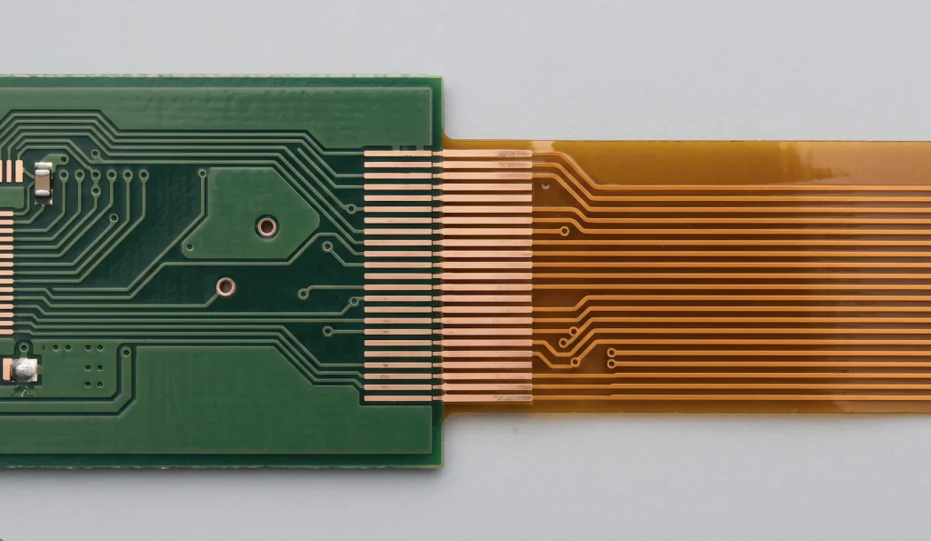 Detalle macro de la transición de un PCB rígido-flexible donde las pistas de cobre pasan del sustrato FR-4 verde a la lámina de poliimida ámbar