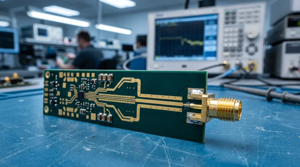 Placa PCB de alta frecuencia con pistas coplanares y conector SMA sobre una mesa de laboratorio