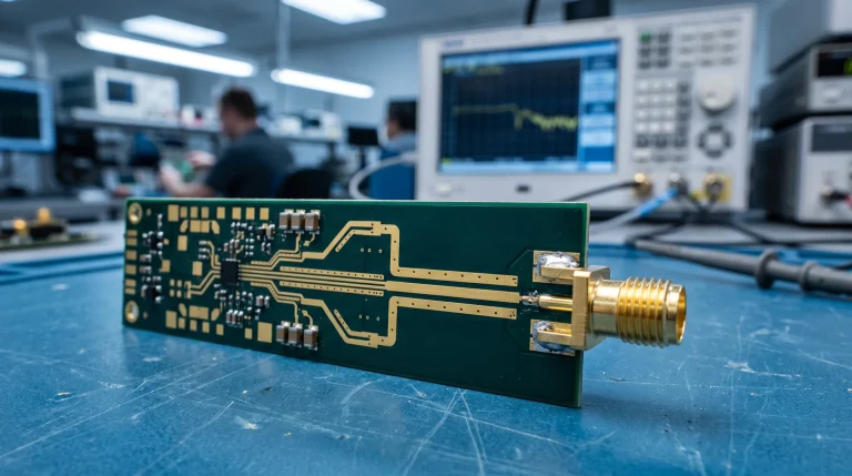 Placa PCB de alta frecuencia con pistas coplanares y conector SMA sobre una mesa de laboratorio