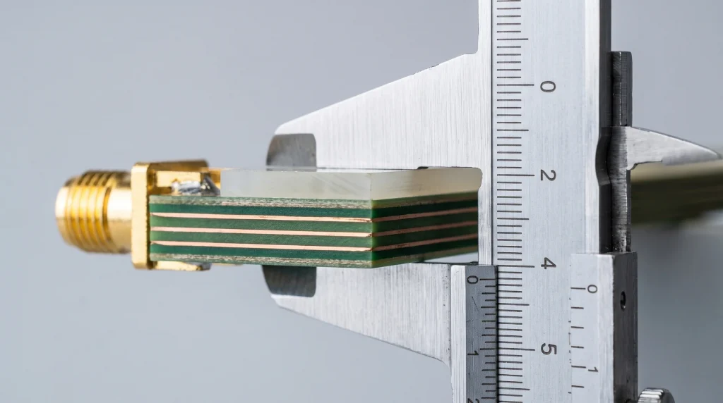 Sección lateral de un stack-up híbrido con capas de cobre y sustrato de alta frecuencia medido con calibre